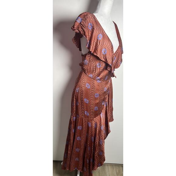 Anthropologie Ruffle Sleeve Printed Wrap Maxi Silky Dress Medium Brown Copper - Picture 7 of 13